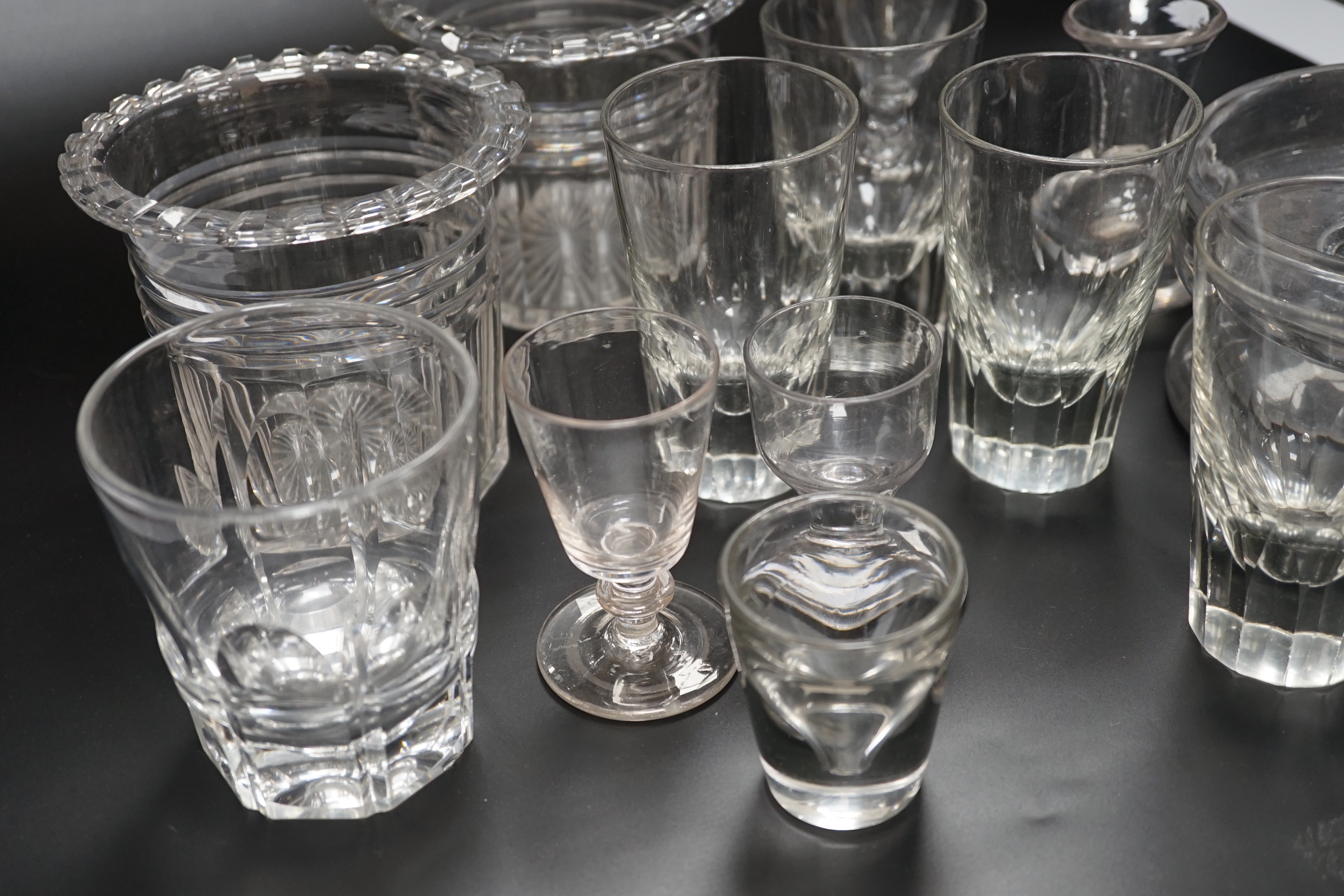 Thirteen 19th century glass items, including a set of four beakers, a pair of vases, stemmed glasses, etc. tallest 14cm